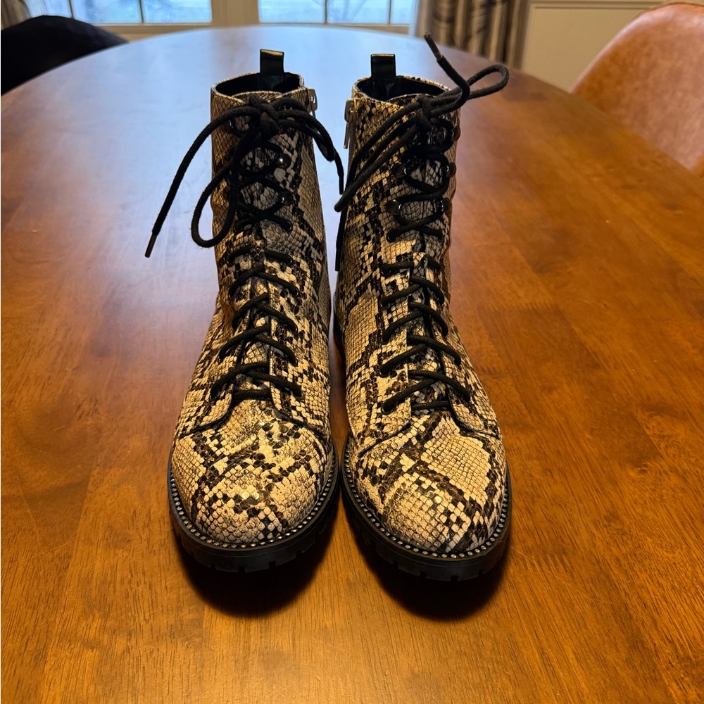 Express Faux Snakeskin Lace-up Combat Boots with Rhinestones around base